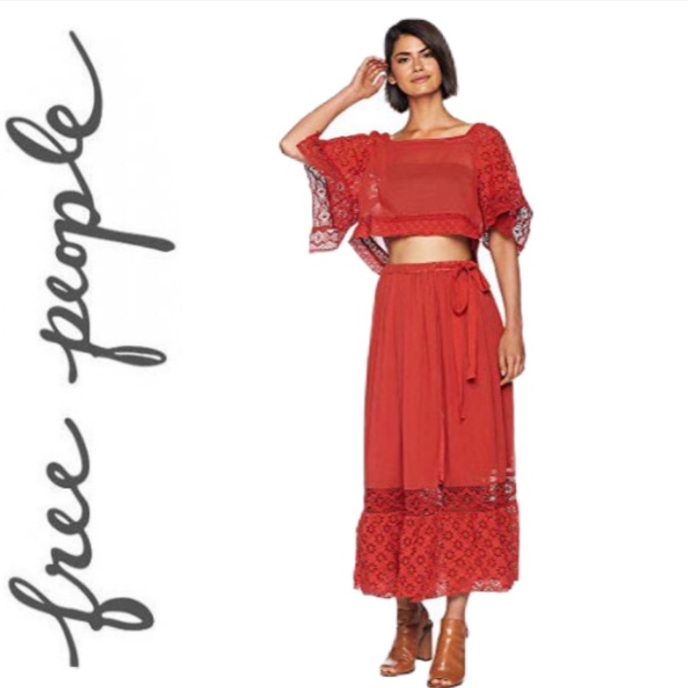 Free People Red Lace Skirt Set